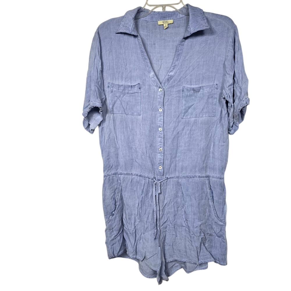 Kori America Blue Rayon Romper Short Sleeve Half Button Down Size S